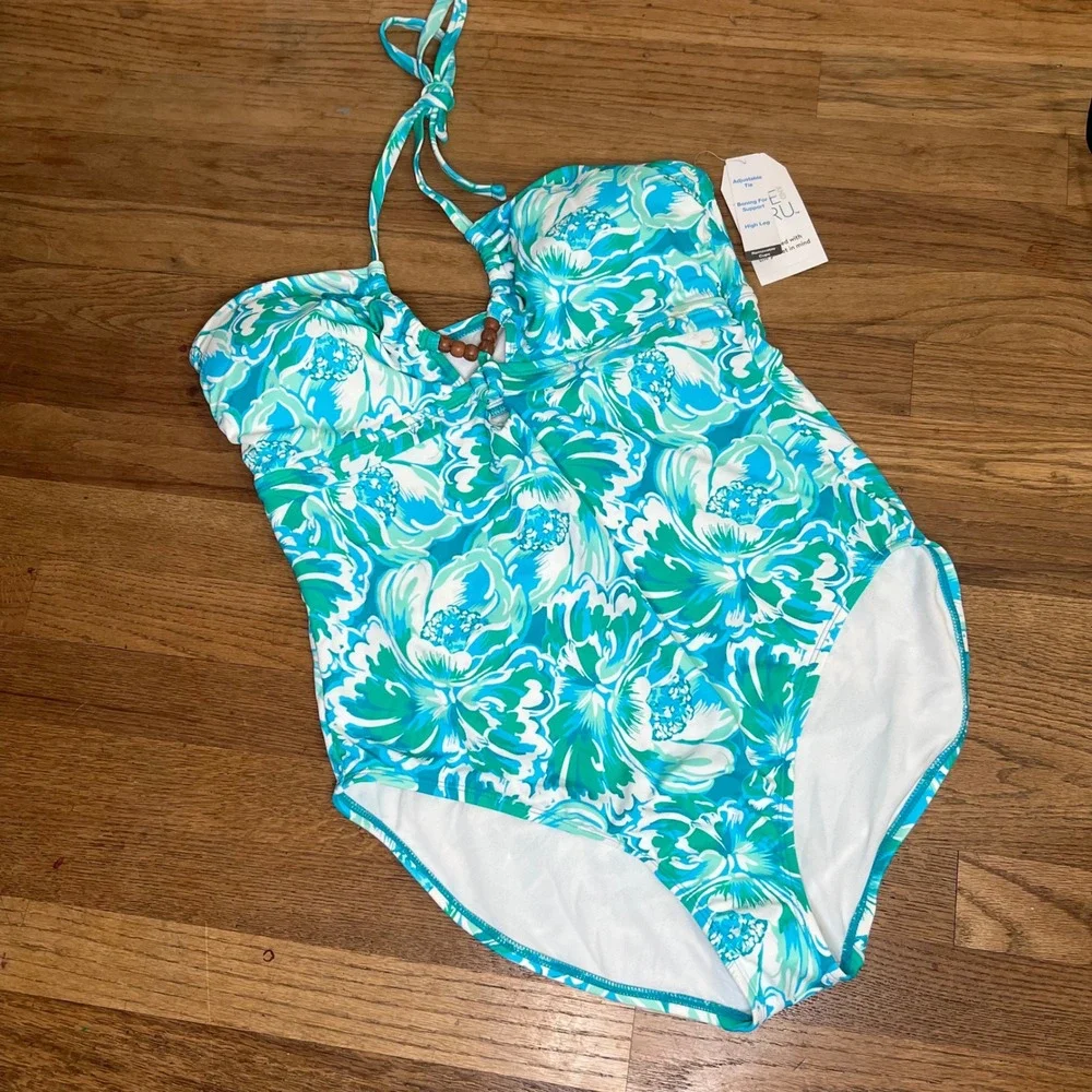 Time and Tru Blue Green Floral Halter One Piece Swimsuit XL‎ 16-18